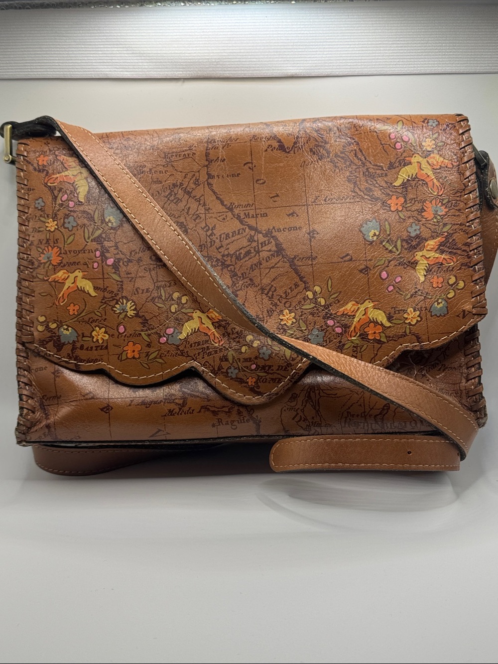 Patricia Nash Sarola Leather Crossbody Bag Embroidered Floral Bird Map Print